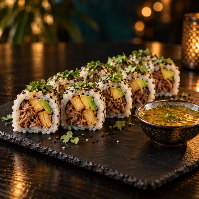 Cerdo Criollo Maki: cerdo asado, yuca frita y aguacate con cilantro