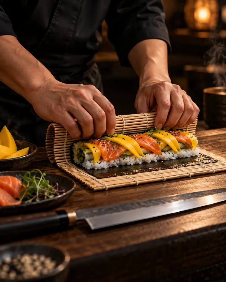 Las manos de un sushiman enrollando un maki con mango y salmón sobre una esterilla de bambú