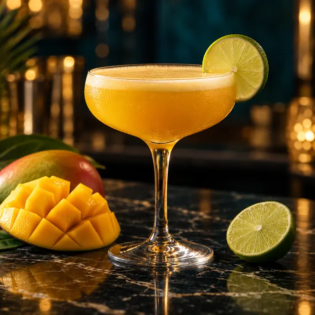 Daiquirí de mango en copa con una rodaja de lima