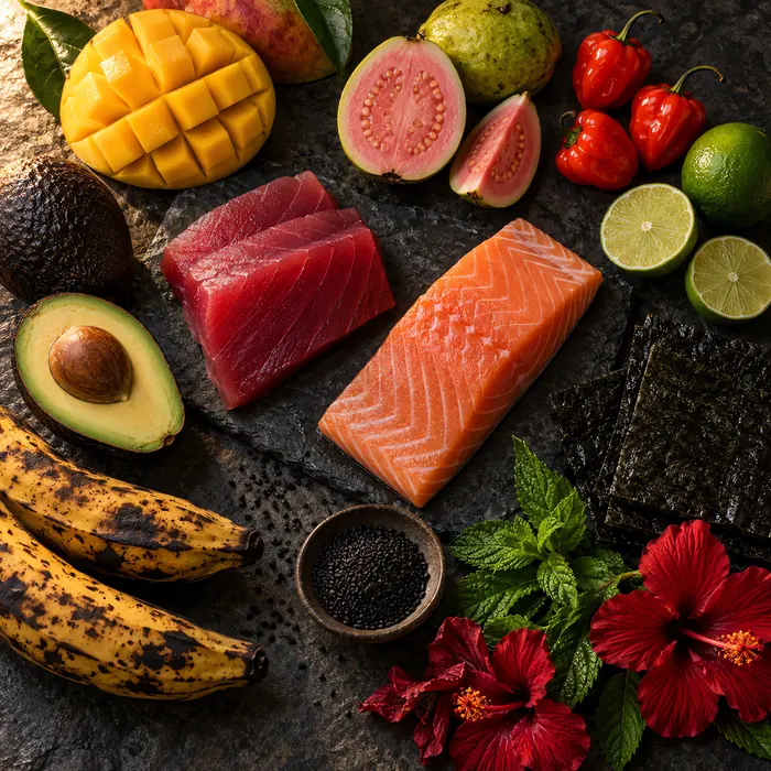 Ingredientes frescos: atún, salmón, mango, guayaba, habanero, lima y flores de hibisco
