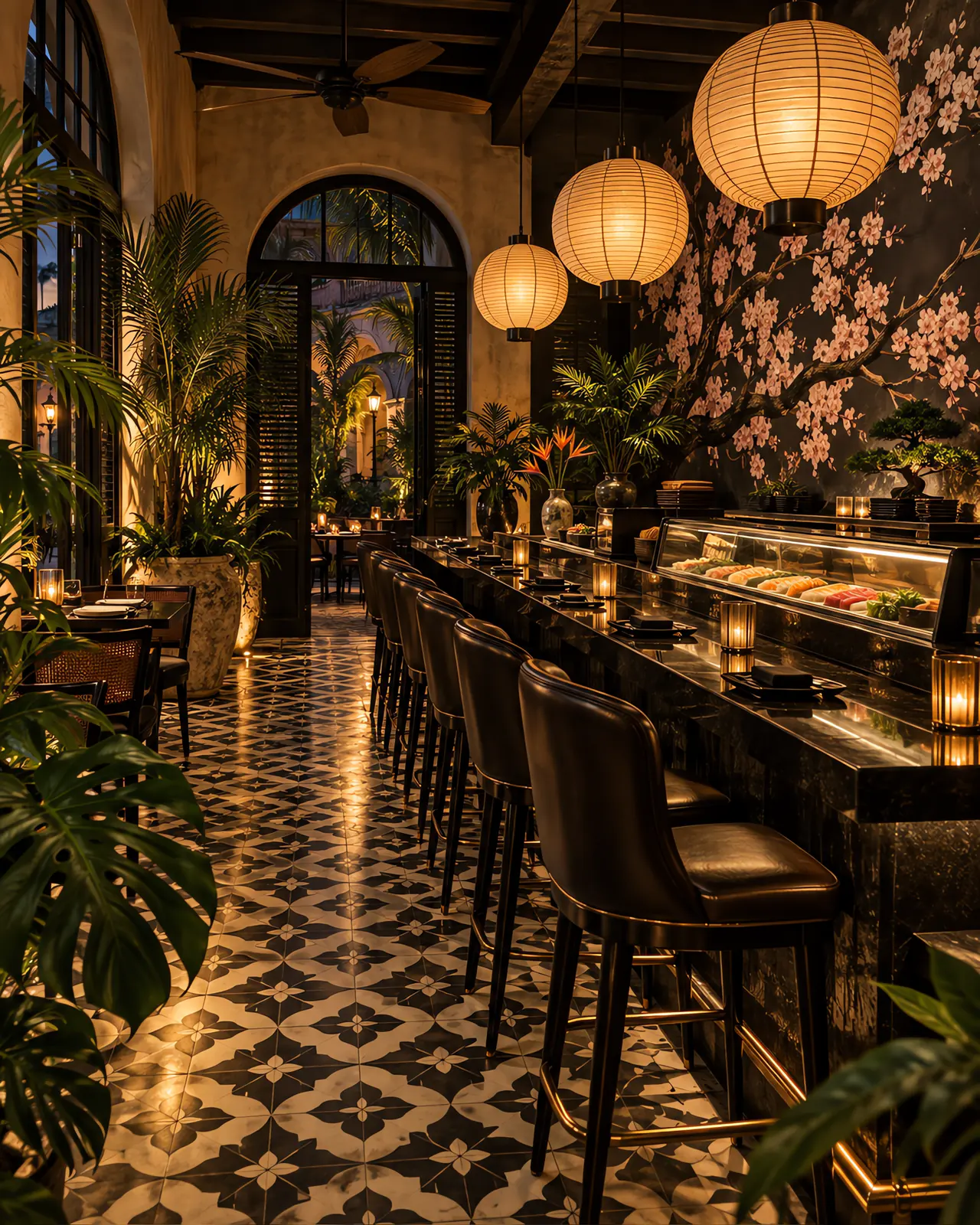 Interior de Sabor Fusión: barra de sushi lacada en negro, farolillos de papel y plantas tropicales sobre un suelo de mosaico cubano