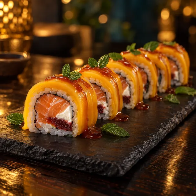 Malecón Sunset Roll: salmón, queso crema y guayaba envueltos en mango