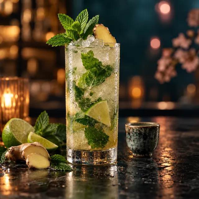 Mojito Fusión con menta, lima y jengibre junto a una pequeña taza de sake