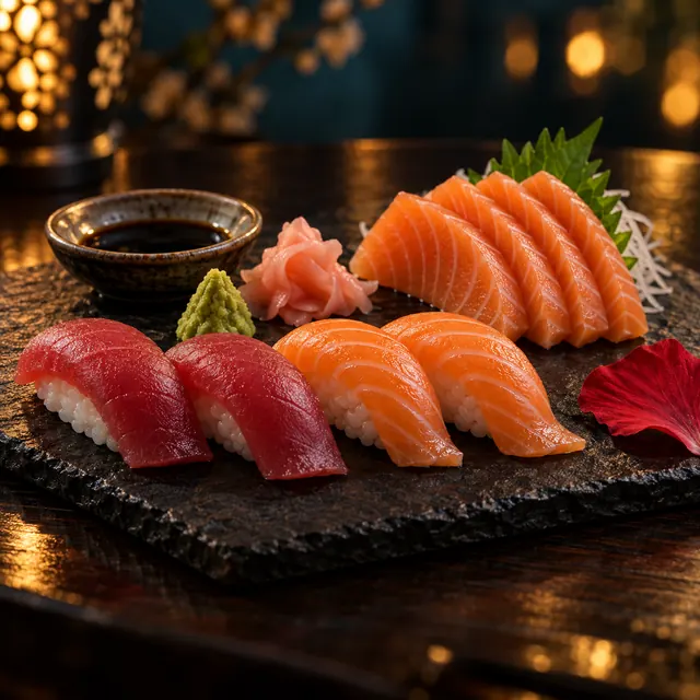 Selección de nigiri de atún y salmón y sashimi de salmón sobre pizarra negra