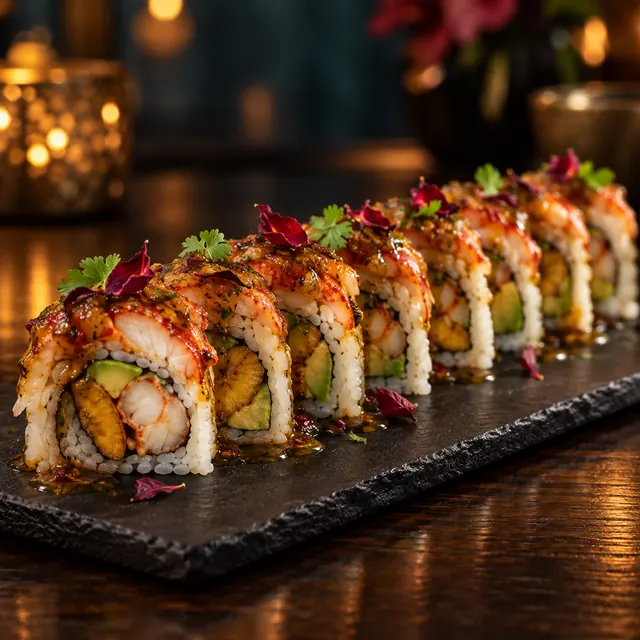 Roll Habana Vieja: langosta, aguacate y plátano maduro frito con salsa de mojo