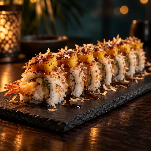 Tropicana Roll: camarón tempura, piña asada y coco rallado con salsa de ron añejo